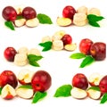 Set of red apple, marshmallows, slices and green leaves