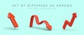 Set of 3 red arrows of different types. Straight, broken, wavy pointers in plasticine style Royalty Free Stock Photo