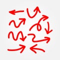 Set of red arrows. Drawn by hand. Doodle, sketch. Royalty Free Stock Photo