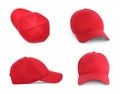Set with red beige baseball caps on white background Royalty Free Stock Photo
