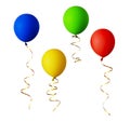 Set of red, blue, green and yellow balloons with gold ribbons Royalty Free Stock Photo