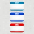 Set of red and blue hello name tag isolated. EPS 10 Royalty Free Stock Photo