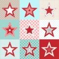 Set of red and blue patchwork decorative stars, christmas motive illustration