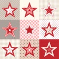 Set of red and blue patchwork decorative stars, christmas motive illustration Royalty Free Stock Photo