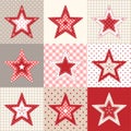 Set of red and blue patchwork decorative stars, christmas motive illustration