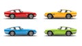 Set of red, blue, yellow and green vintage fast cars