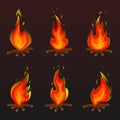 Set of red fire bonfire icons. Vector illustration