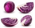 Set red cabbage whole, cut in half, slice in fourth Royalty Free Stock Photo