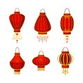 Set of red Chineese lanters, traditional New Year decor cartoon vector illustration