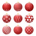 Set of red christmas balls with different textures. Christmas bauble decorated with white patterns. Vector illustration Royalty Free Stock Photo