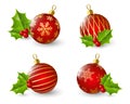 Set of red Christmas balls with holly