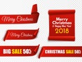 Set of red Christmas banners. Paper scrolls. Vector Xmas sale stickers. Royalty Free Stock Photo