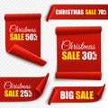 Set of red Christmas banners. Paper scrolls. Vector Xmas sale stickers. Royalty Free Stock Photo