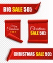 Set of red Christmas banners. Paper scrolls. Vector Xmas sale stickers. Royalty Free Stock Photo