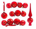 Set of red christmas bauble, ball and top tree`s with ornament Royalty Free Stock Photo