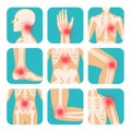 Set of red circle pain localization, human body, skeleton, joints and bones