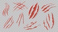 Set Of Red Claw Scratches. Narrow, Elongated Marks Or Tears On A Surface, Caused By The Sharp Nails Or Animals Talons Royalty Free Stock Photo