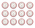 Set of red clocks for business hours. Half past hours version