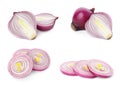 Set of red cut and whole onion on background