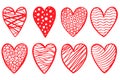 A set of red decorative hand-drawn hearts Royalty Free Stock Photo