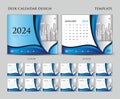 Desk calendar 2024 template set, Cover design, Blue wave background, wall calendar 2024 design, planner, calendar date, simple