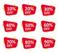 Set red discount percent buttons. Discount label for sales with different percents. Set of red sale stickers - vector