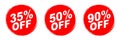 Set red discount percent on circle buttons. Round discount label for sales with different percents. Set of red sale stickers