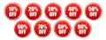 Set red discount percent on circle buttons. Round discount label for sales with different percents. Set of red sale stickers