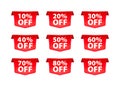 Set of Red Discount Tags with Different Sale Percentages for Retail Promotion. Vector stock illustration Royalty Free Stock Photo