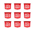 Set of Red Discount Tags with Different Sale Percentages for Retail Promotion. Vector stock illustration Royalty Free Stock Photo
