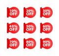 Set of Red Discount Tags with Different Sale Percentages for Retail Promotion. Vector stock illustration Royalty Free Stock Photo