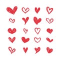 Set of red doodle hearts. Collection of hand drawn love heart. Royalty Free Stock Photo