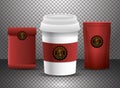 Set of red elegant coffee bags and cup packings products