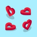 Set of red empty inside isometric hearts on blue background. Decorative red hearts for Valentine`s day celebration