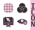 Set Red eye effect, Grid graph paper, Computer monitor and cursor and RGB and CMYK color mixing icon. Vector Royalty Free Stock Photo