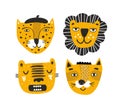 Set of red faces of safari animals tiger, lion, leopard and wild cat. Royalty Free Stock Photo