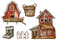 Set of red farm house, Rustic vintage illustration isolated on white