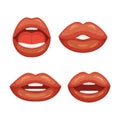 Set Of Red Female Lips. Sexy Woman with Teeth and Tongue, Closed And Open Mouth Speaking Positions. Beauty, Makeup