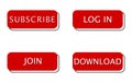 Set of red with frame square buttons for web, social networks. Subscribe, download, log in and join button isolated on