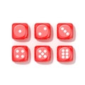 Set of red game dices, all numbers. Top view