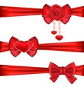 Set red gift bows ribbons with rose and heart, isolated on white Royalty Free Stock Photo