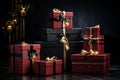 Set of Red Gift Boxes with Elegant Black Ribbon and Bow on Dark Background - Perfect for Gifting