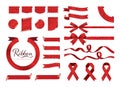 Set of red glitter ribbons, bows, banners, flags. Royalty Free Stock Photo