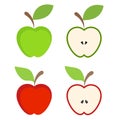 Set of red and green apple fruit icon on white, stock vector ill