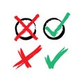 Set of red and green check marks drawn by hand with a rough brush. Checkboxes to select yes or no. Grunge, sketch, watercolour. Royalty Free Stock Photo