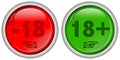 Set of red and green round web buttons for 18 + Adult Content, glossy design, Royalty Free Stock Photo