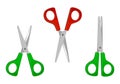 Set of red and green scissors. Icons for open and closed scissors.