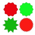 Set of red green starburst stamps on white background