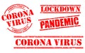 Set of red grunge rubber stamp or corona virus rubber stamp themes or postponed, lock down, social distance, physical distance Royalty Free Stock Photo