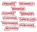 SET Red stamps and text PRIVATE, BOOKED, RECEIVED, SCANNED. Vector Illustration Royalty Free Stock Photo